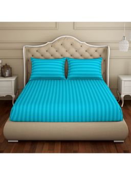 SPACES - Skyrise 100% Cotton Fitted-Turquoise Blue Bedsheet with Pillow Covers