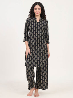 Divena - Mandarin Neck Printed Nightsuit Black (Set of 2)