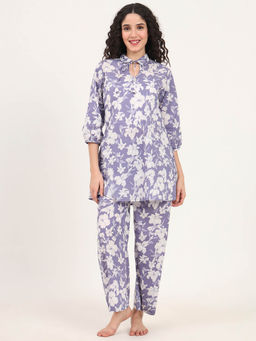 Divena - Blue Shirt Coller Cotton Night Suits (Set of 2)