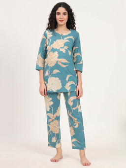 Divena - Teal Blue Round Neck Cotton Night Suits (Set of 2)