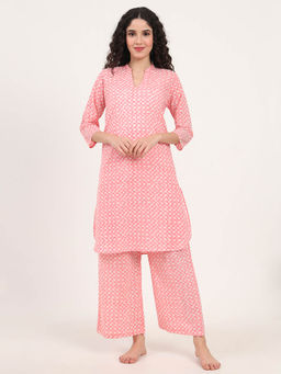 Divena - Mandarin Neck Printed Nightsuit Peach (Set of 2)