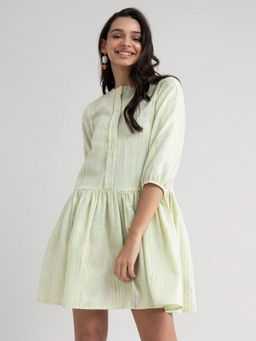 Pink Fort - Drop Waist Cotton Dress Lime Green