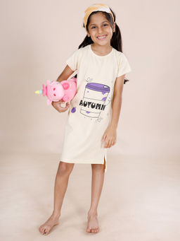 KiddoPanti - Girls Beige Half Sleeves Autumn Printed Night Dress