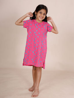 KiddoPanti - Girls Pink Half Sleeves Aop Fruit Printed Night Dress