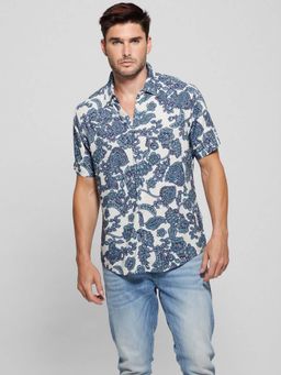 Guess - Men Blue Floral Collar Short Sleeves Shirt