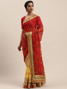 Vastranand - Red & Yellow Poly Georgette Printed Bandhani Saree with Unstitched Blouse