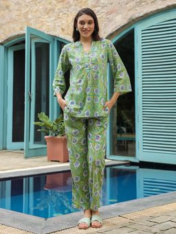 SAY - Green Printed Pure Cotton Tunic with Pant (Set of 2)