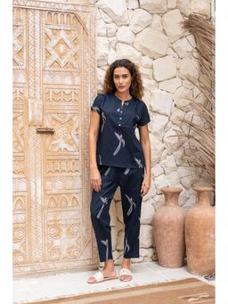 SAY - Navy Blue Printed Pure Cotton Top with Pant (Set of 2)