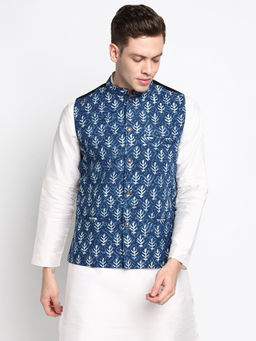 Devoiler - Men Blue Printed Pure Cotton Nehru Jacket