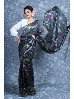 CHARUKRITI - Allover Zari Weaving Black Jamdani Saree with Unstitched Blouse