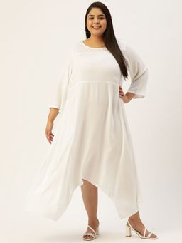 theRebelinme - Plus Size Women White Solid Color Woven A-Line Midi Dress