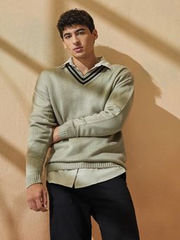 Styli - Beige V-Neck Varsity Relaxed Lightweight Sweater