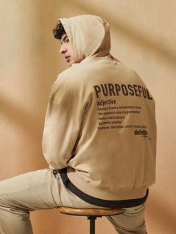 Styli - Men Beige Typography Fleece Oversized Fit Hoodie