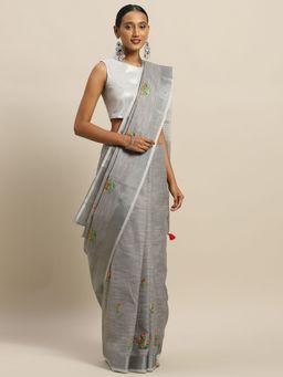 Sangam Prints - Grey Linen Cotton Embroidery Traditional Saree with Unstitched Blouse