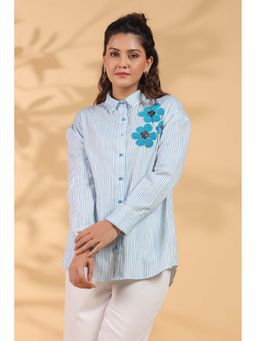 KAFTANIZE - Blue and White Stripe Cotton Satin Beaded Flower Embroidered Shirt