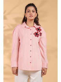 KAFTANIZE - Red and White Stripe Cotton Satin Beaded Flower Embroidered Shirt