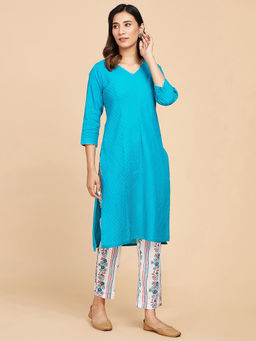 Fabindia - Turquoise Cotton Hand Block Printed Kurta