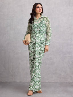 Gajra Gang - Olive Georgette Batik Shirt & Cowl Pleated Skirt Boho Naari