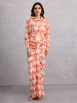 Gajra Gang - Rust Georgette Batik Shirt & Cowl Pleated Skirt Boho Naari