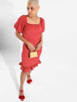 PINACOLADA - Womens Red Puff Sleeve Knee Length Slim Fit Dress