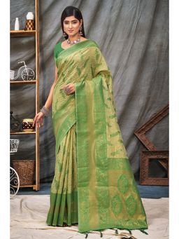 Sangam Prints - Beige Organza Woven Zari Work Traditional Tassel Saree with Unstitched Blouse