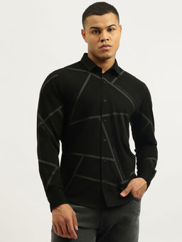 United Colors of Benetton - Black Slim Fit Spread Collar Neck Abstract Tapes Shirt