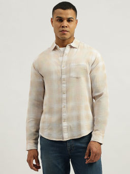 United Colors of Benetton - Beige Regular Fit Spread Collar Neck Shadow Slub Check Shirt