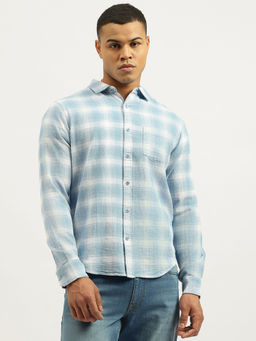 United Colors of Benetton - Blue Regular Fit Spread Collar Neck Shadow Slub Check Shirt