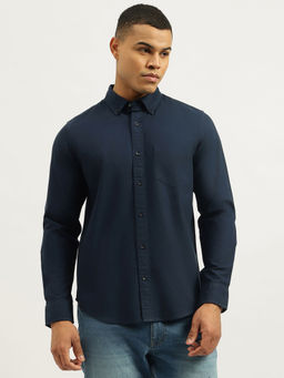 United Colors of Benetton - Navy Blue Regular Fit Button Down Collar Neck Solid Shirt