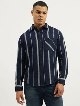 United Colors of Benetton - Navy Blue Regular Fit Spread Collar Neck Bold Stripe Shirt