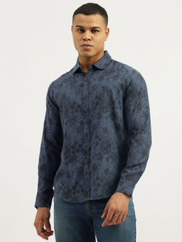 United Colors of Benetton - Navy Blue Regular Fit Spread Collar Neck Floral Shirt