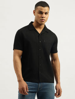 United Colors of Benetton - Black Relaxed Fit Resort Collar Neck Waffle Knit Shirt