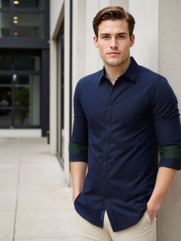 Dennis Lingo - Men Navy Blue Solid Spread Collar Full Sleeves Regular Fit Casual Shirt