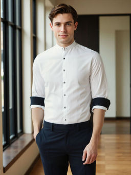 Dennis Lingo - Men White Solid Mandarin Collar Full Sleeves Regular Fit Casual Shirt