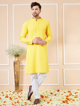 See Designs - Men Yellow Floral Embroidered Sequined Rayon Kurta