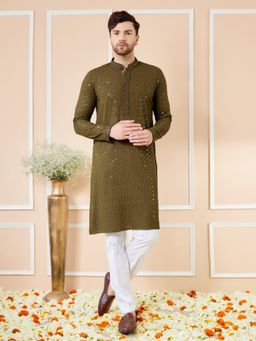 See Designs - Men Olive Floral Embroidered Sequined Rayon Kurta (Set of 2)