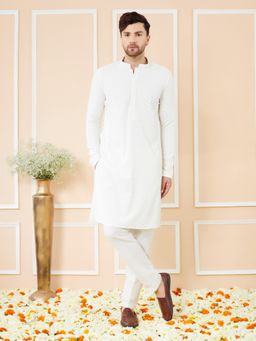 See Designs - Men White Embroidered Sequined Rayon Kurta (Set of 2)