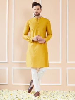 See Designs - Mustard Cotton Solid Straight Kurta with Pyjama (Set of 2)