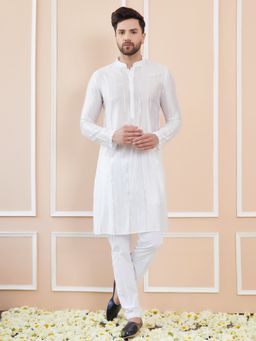 See Designs - Off White Sequins Embroidered Chanderi Silk Straight Kurta with Pyjama (Set of 2)