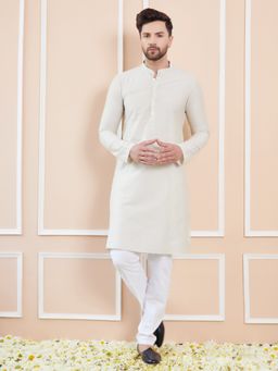 See Designs - Cream Cotton Solid Straight Kurta with Pyjama (Set of 2)