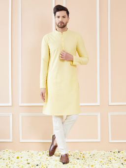 See Designs - Yellow Cotton Solid Straight Kurta with Pyjama (Set of 2)