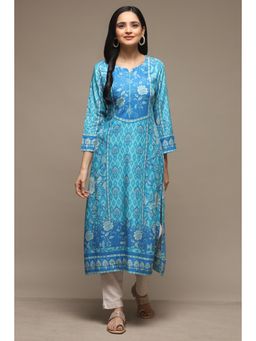 Biba - Blue Rayon Straight Printed Kurta