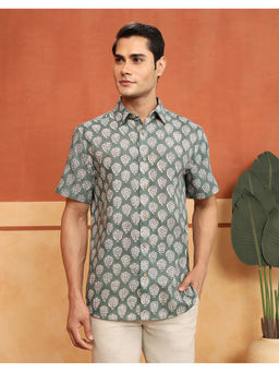 Fabindia - Green Cotton Hand Block Printed Slim Fit Shirt