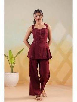 Jisora - Women's Wine Solid Cotton Co-Ord Set