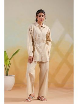 Jisora - Women's Beige Solid Cotton Co-Ord Set