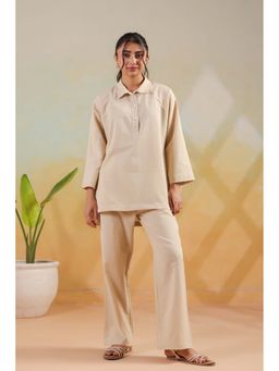 Jisora - Women's Beige Solid Cotton Co-Ord Set