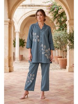 Jisora - Women's Slate Grey Embroidered Cotton Co-Ord Set