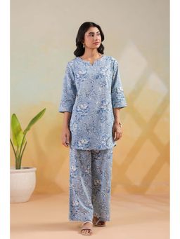 Jisora - Women's Blue Floral Printed Cotton Co-Ord Set