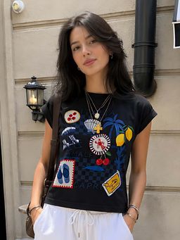 Don’t be basic - Black Graphic Cap Sleeves Fitted T-Shirt