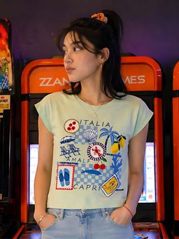 Don’t be basic - Green Graphic Cap Sleeves Fitted T-Shirt